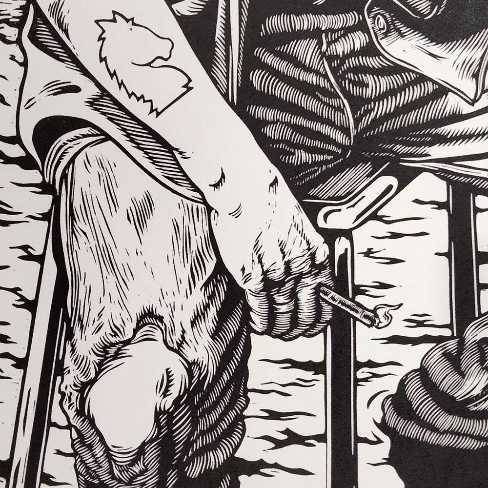 détail de la linogravure l'autoportrait de l'artiste dans l'atelier inondé. Le genou et une main tenant une cigarette