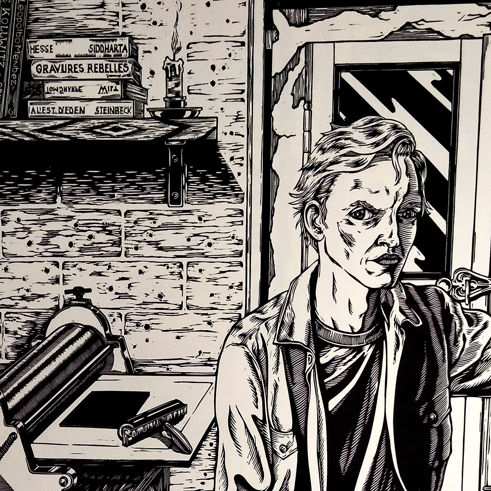 détail de la linogravure l'autoportrait de l'artiste dans l'atelier inondé.. Le visage de l'artiste, la presse et les livres