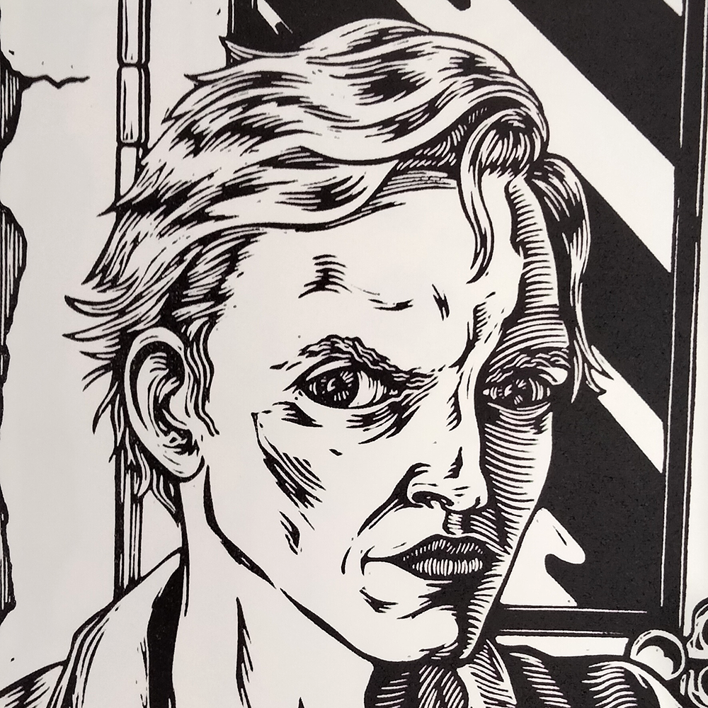 détail de la linogravure l'autoportrait de l'artiste dans l'atelier inondé. Le portrait de l'artiste graveur