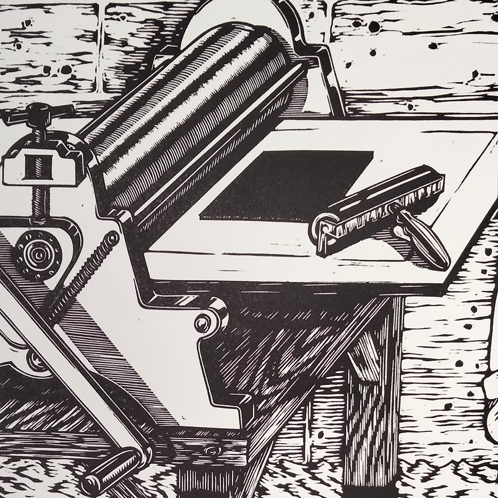 détail de la linogravure l'autoportrait de l'artiste dans l'atelier inondé. La presse de gravure