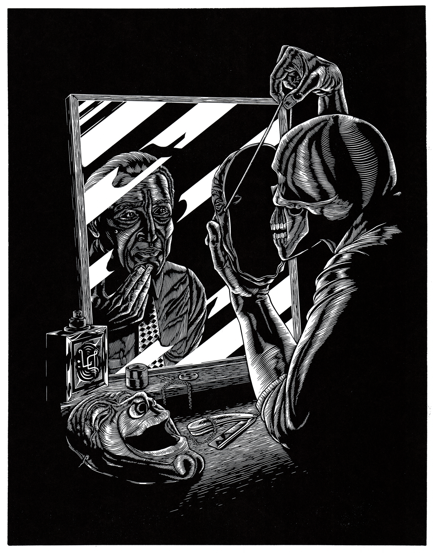 Linogravure. Un homme au visage de squelette se met un masque humain devant son miroir. Sur sa commode, un masque souriant, un parfum, un rasoir et des bijoux