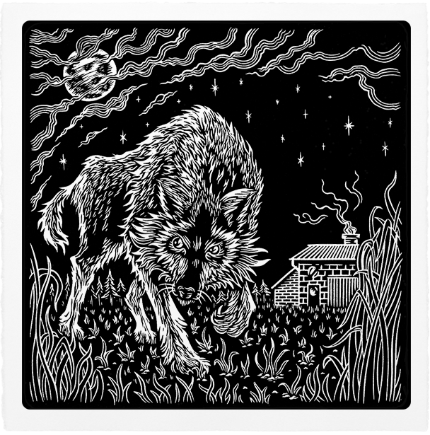 linogravure d'un loup dans la campagne avec la pleine lune