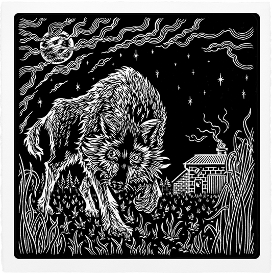 linogravure d'un loup dans la campagne avec la pleine lune