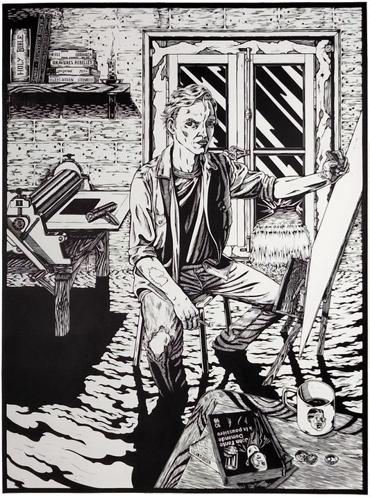 Linogravure. Portrait de l'artiste dans son atelier, il regarde le spectateur, devant lui un tableau blanc sur un chevalet, derrière lui une presse de gravure. L'atelier semble vieux, et d'une fenêtre coule de l'eau qui monte jusqu'au genoux de l'artiste