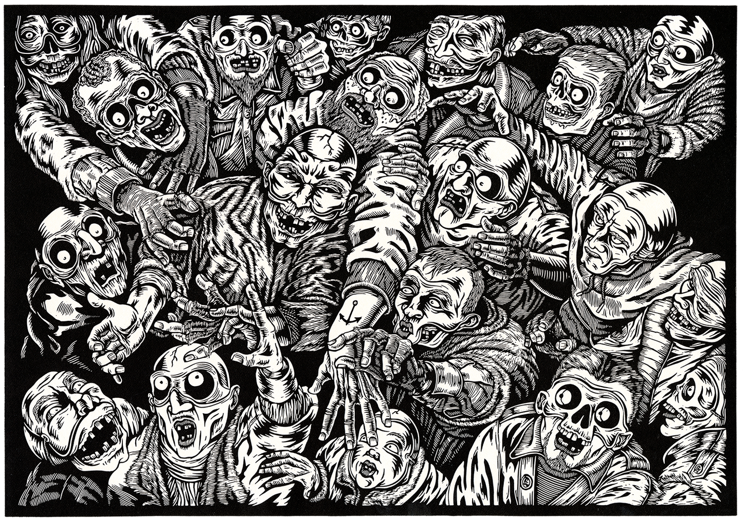 Linogravure d'une foule de personnage au masque mortuaire habillé en guenille