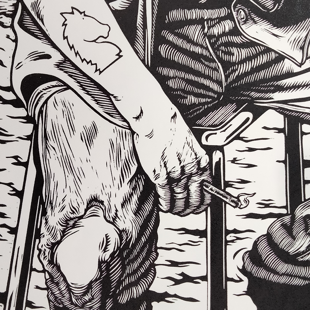 détail de la linogravure l'autoportrait de l'artiste dans l'atelier inondé.  Le genou et une main tenant une cigarette