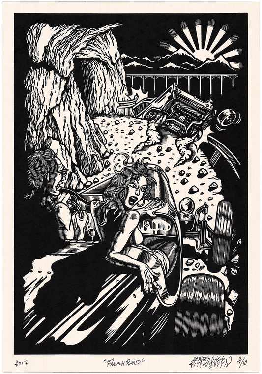 Linogravure, scène de course de voiture dans un virage montagneux. La première voiture tombe dans le ravin.