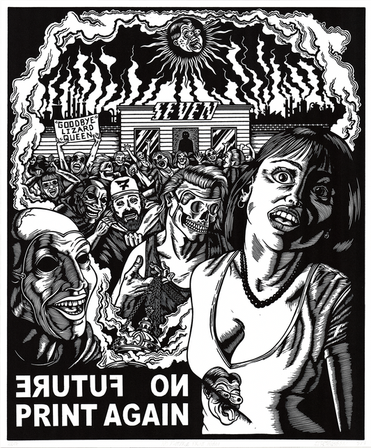 Affiche de l'exposition galerie Jacques De Vos Paris saint germain des près, linogravure noir et blanc représentant une foule devant l'entrée d'un monde obscur